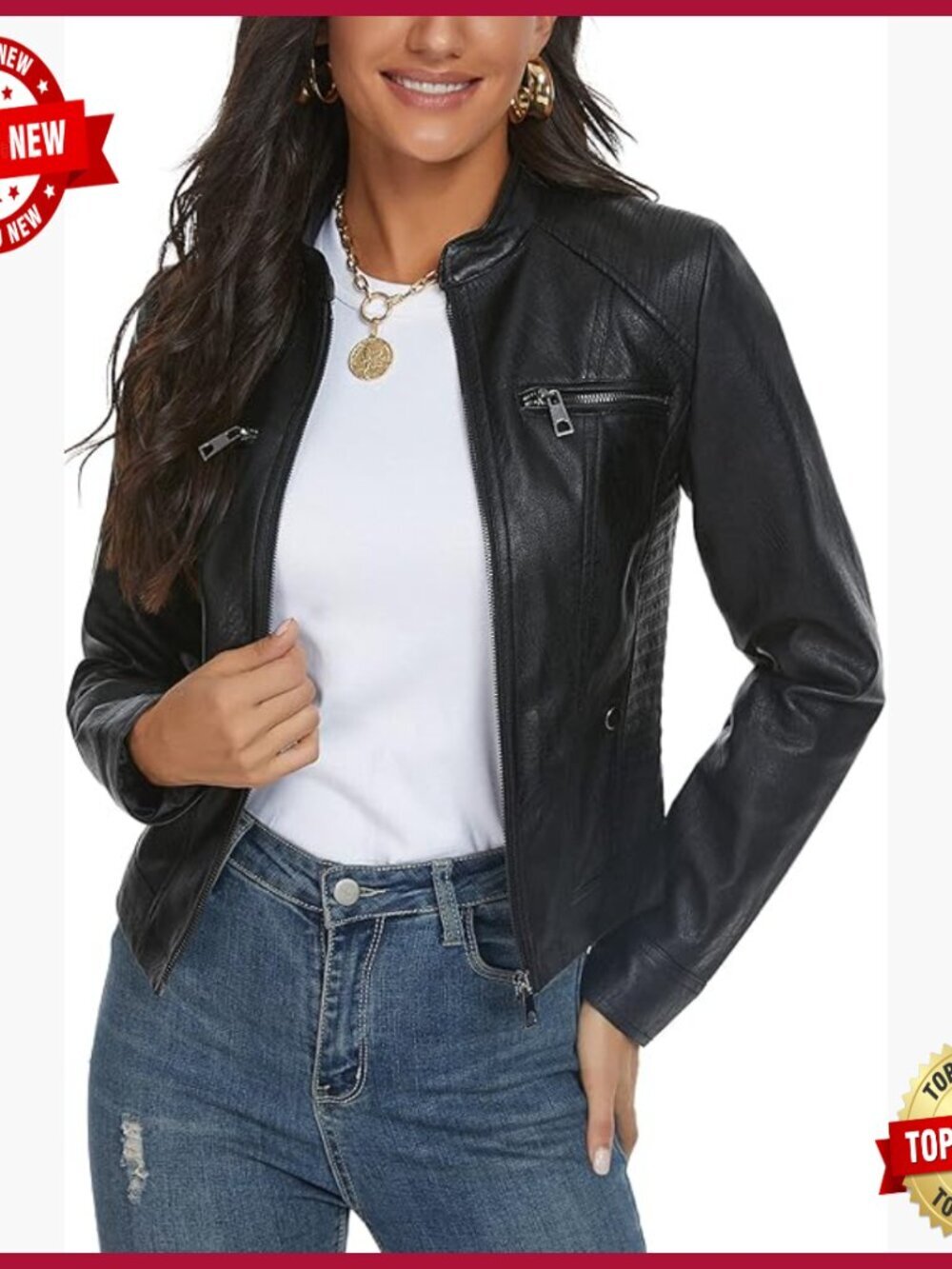 Faux Leather Motorcycle Jacket with Stand Collar, Polyester Lining